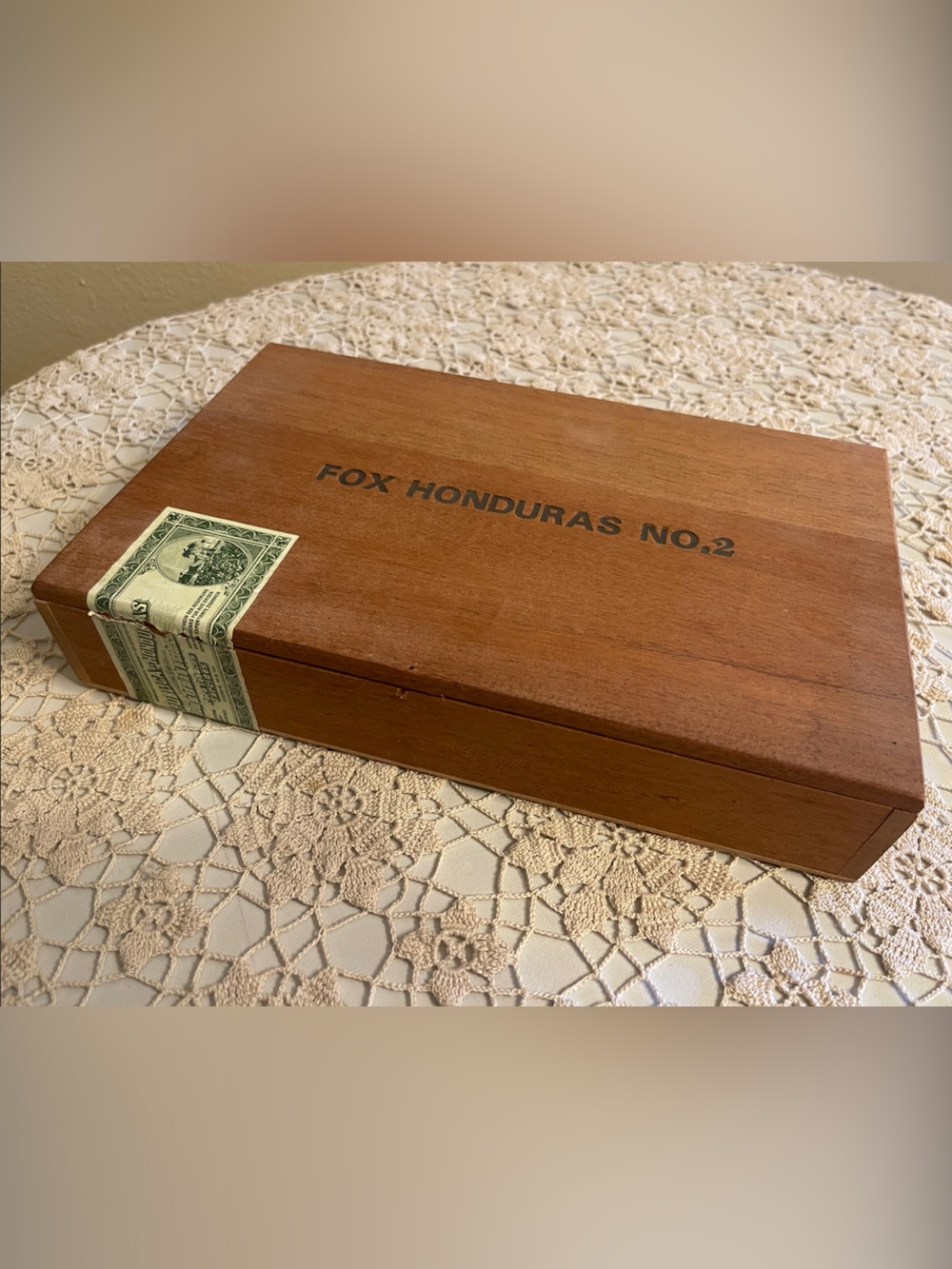 Fox Wooden Cigar Box in Brown with Green Seal. Vintage 1971